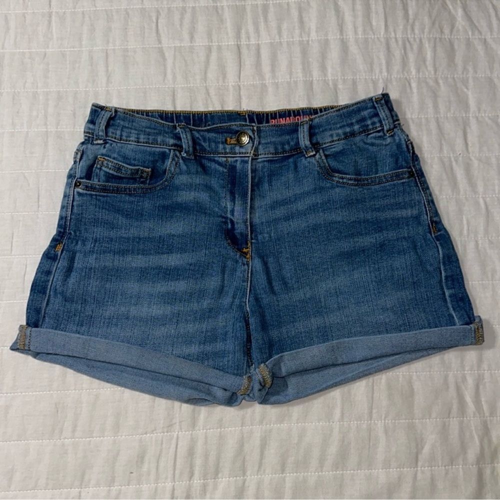Crewcuts 14 Runaround Denim Blue Cuffed Raw Fringe Cut off Stretch Shorts